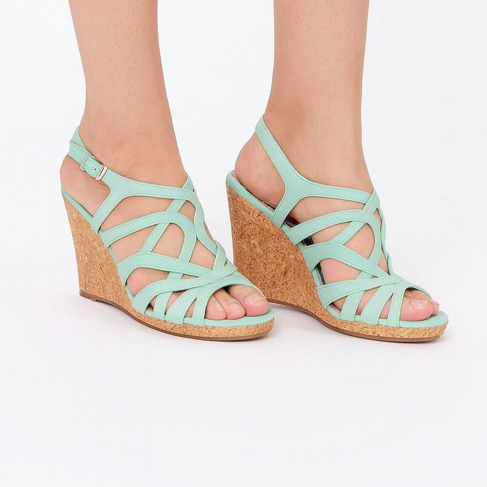 Green Wedge Shoes with Strappy Cutout Design Size 11